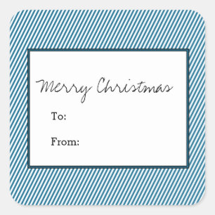 Blue Diagonal Festive Stripes Holiday Square Sticker