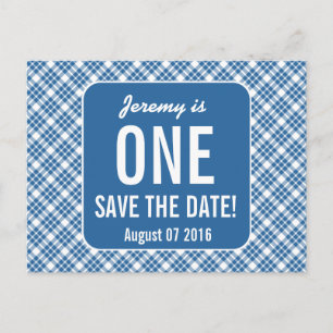 BLUE DIAGONAL PLAID 1st BABY KIDS Birthday P40F Announcement Postcard
