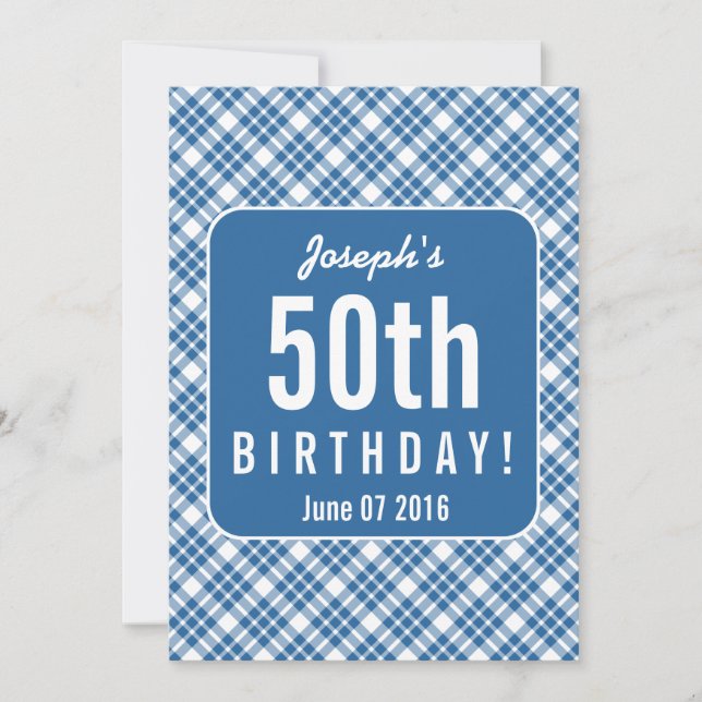 BLUE DIAGONAL PLAID 50th Birthday Party A07L Invitation (Front)