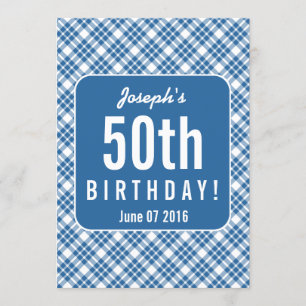 BLUE DIAGONAL PLAID 50th Birthday Party A07L Invitation