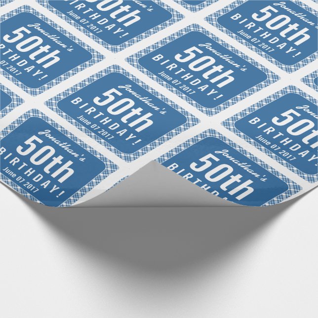 BLUE DIAGONAL PLAID 50th Birthday Party Z07L Wrapping Paper (Corner)