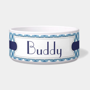 Blue Diagonal Plaid Personalized Pet Bowl