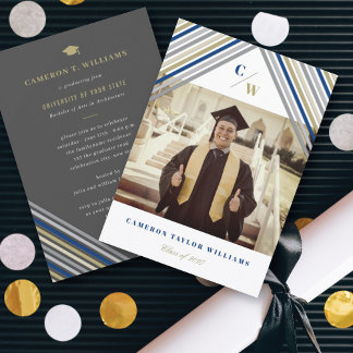 Blue Diagonal Stripes Modern Graduation Party Invitation
