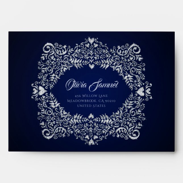 Blue Diamond Dark  Damask Wedding Envelope (Front)