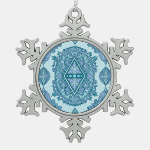 Blue Diamond Mandala Ornate Turquoise & Lavender Snowflake Pewter Christmas Ornament