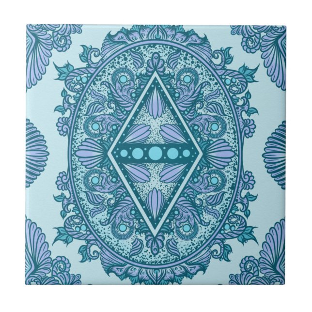 Blue Diamond Mandala | Ornate Turquoise & Lavender Tile (Front)