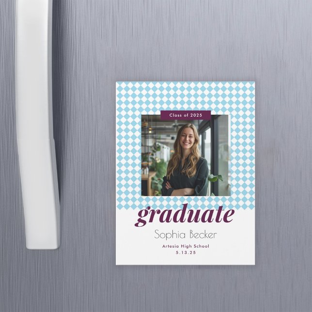 Blue Diamond Pattern Graduation Photo Magnet (Creator Uploaded)