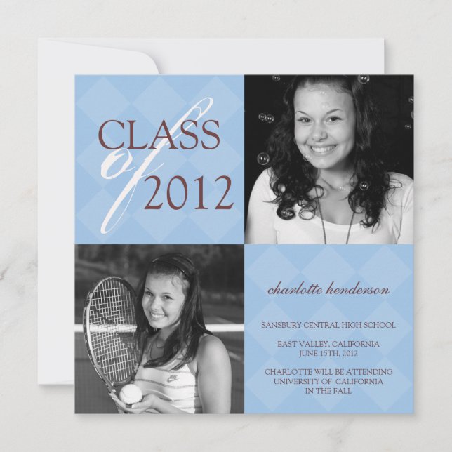 Blue diamond square photo graduation announcement (Front)