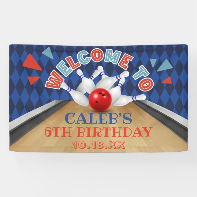 Blue Diamond Stripe Lets Strike Bowling Birthday  Banner (Horizontal)