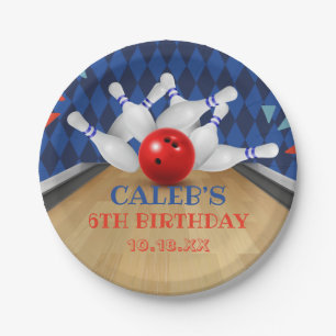 Blue Diamond Stripe Lets Strike Bowling Birthday Paper Plate