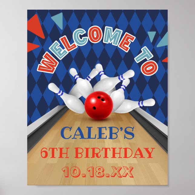 Blue Diamond Stripe Lets Strike Bowling Birthday Poster (Front)