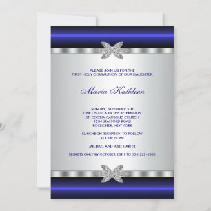 Blue Diamond White Girls First Communion Invitation