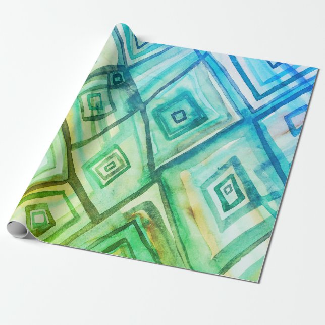 Blue diamonds boho geometric watercolor gift wrap (Unrolled)