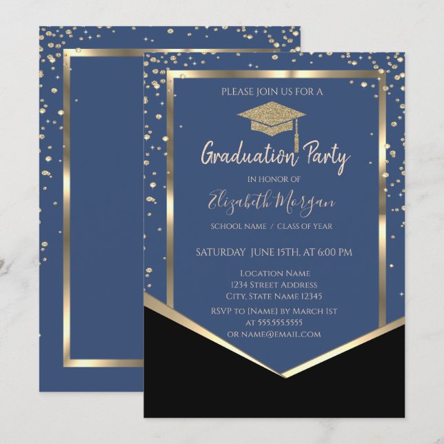 Blue,Diamonds Gold Graduation Cap Graduation Invitation (Front/Back)