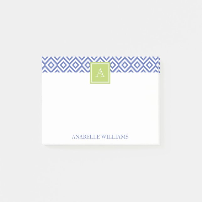 Blue Diamonds Pattern and Green Monogram Post-it Notes (Front)