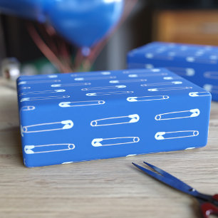 Blue Diaper Pin Boy Baby Shower Wrapping Paper