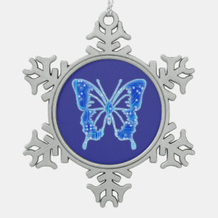 Blue Digital Butterfly, customize background Snowflake Pewter Christmas Ornament