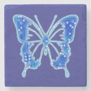 Blue Digital Butterfly, customize background Stone Coaster