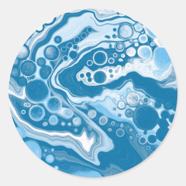  Blue Digital Fluid Art Marble Pour Painting Cells Classic Round Sticker (Front)