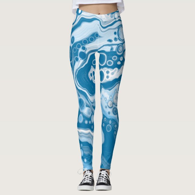  Blue Digital Fluid Art Marble Pour Painting Cells Leggings (Front)