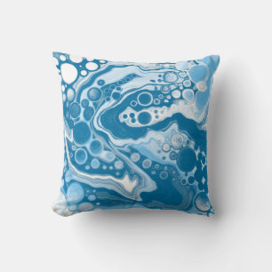 Blue Digital Fluid Art Marble Pour Painting Cells Throw Pillow