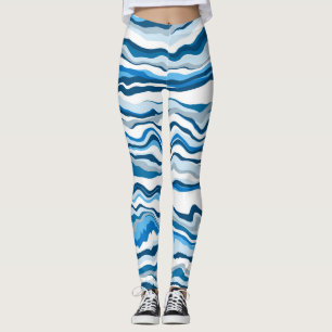  Blue Digital Fluid Art Marble Stripes  Leggings