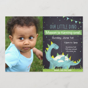 Blue  Dino Birthday invitation with Photo