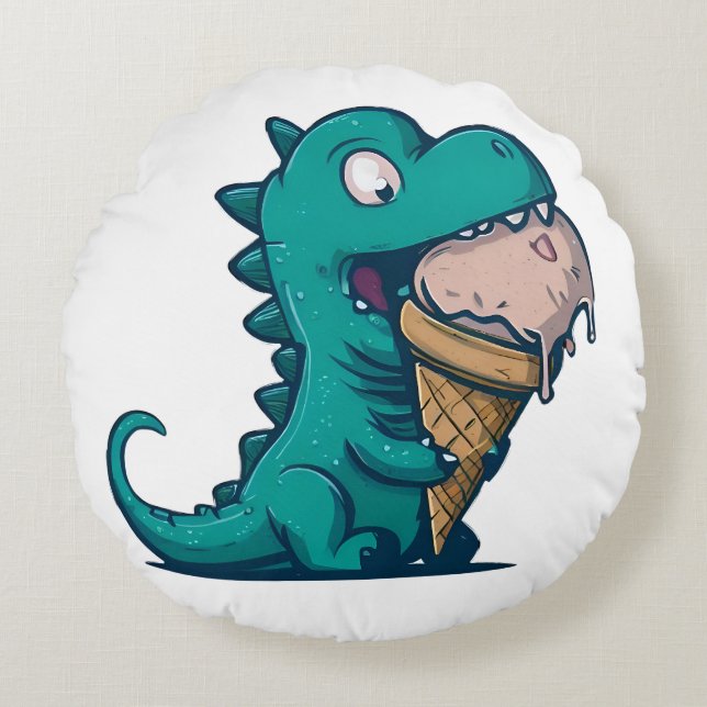 Blue Dino Loves Ice Cream - Funny Cartoon Art Round Pillow (Front)
