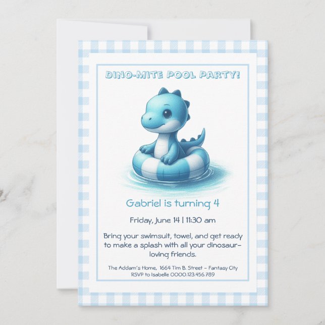 Blue Dino-Mite Birthday Pool Party Invitation (Front)