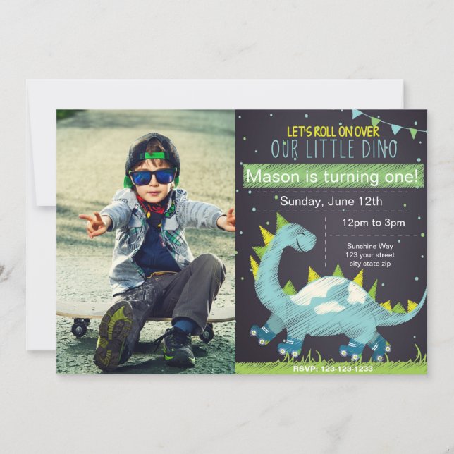 Blue Dino Skate Birthday invitation with Photo (Front)