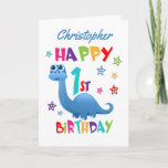 Blue Dinosaur 1st Birthday Card<br><div class="desc">A special 1st birthday card! This bright fun first birthday card features a blue dinosaur, some pretty stars and colourful text. A cute design for someone who will be one year old. Add the 1st birthday child's name to the front of the card to customize it for the special boy...</div>
