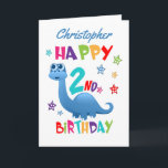 Blue Dinosaur 2nd Birthday Card<br><div class="desc">A special 2nd birthday card! This bright fun second birthday card features a blue dinosaur, some pretty stars and colorful text. A cute design for someone who will be two years old. Add the 2nd birthday child's name to the front of the card to customize it for the special boy...</div>