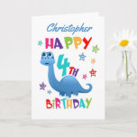 Blue Dinosaur 4th Birthday Card<br><div class="desc">A special 4th birthday card! This bright fun fourth birthday card features a blue dinosaur, some pretty stars and colorful text. A cute design for someone who will be four years old. Add the 4th birthday child's name to the front of the card to customize it for the special boy...</div>