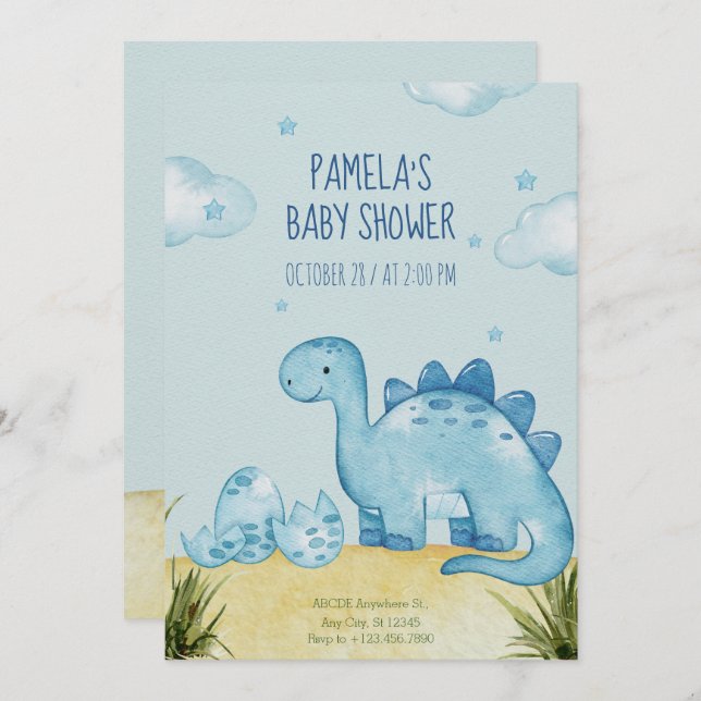 Blue Dinosaur baby shower Invitation (Front/Back)