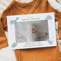 Blue Dinosaur Boy Baby Photo Birth Announcement