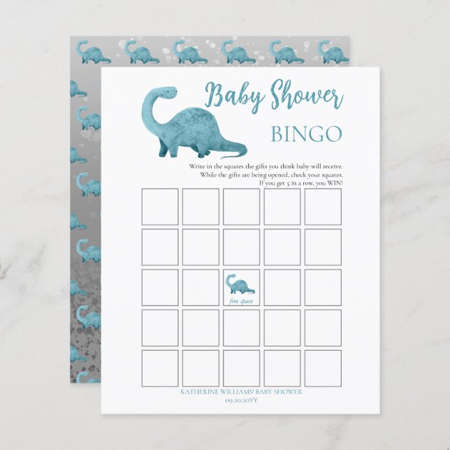 Blue Dinosaur Boy Baby Shower Bingo Card (Front/Back)