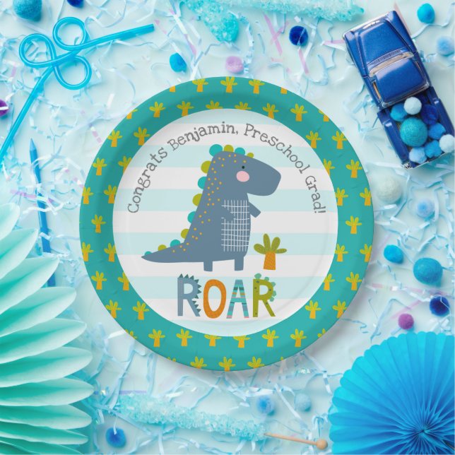 Blue Dinosaur Boy Preschool Graduation Whimsical Paper Plate (Party)