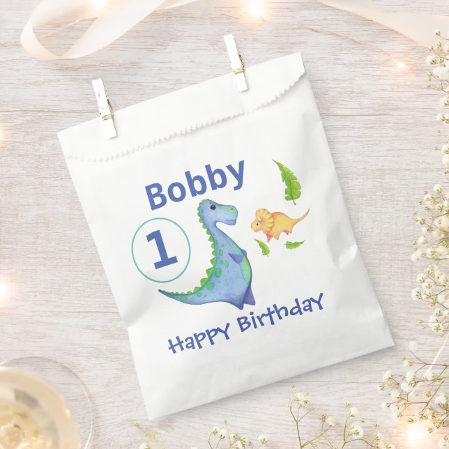 Blue Dinosaur Boy's Birthday Party Name & Age  Favour Bag (Clipped)