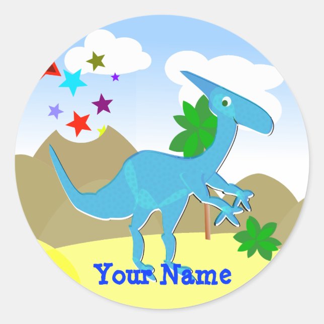 Blue Dinosaur Cartoon Name Sticker (Front)