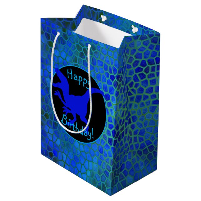 Blue Dinosaur Hide Happy Birthday! Medium Gift Bag (Back Angled)