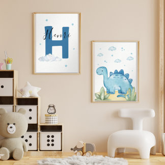 Blue Dinosaur Nursery Wall Art Set of 2 Print Set