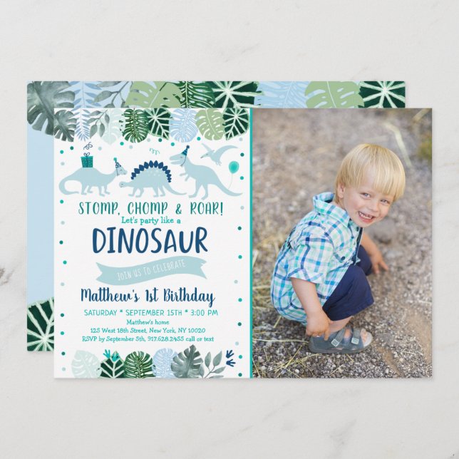 Blue Dinosaur Safari Birthday Invitation (Front/Back)