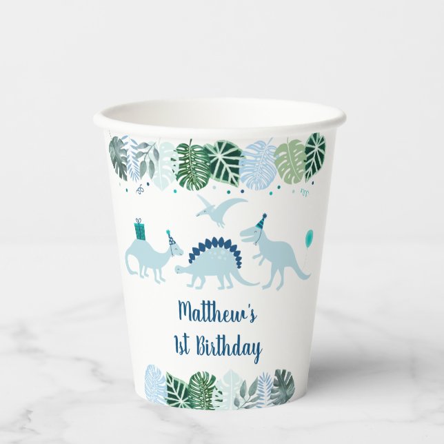 Blue Dinosaur Safari Birthday Paper Cups (Front)