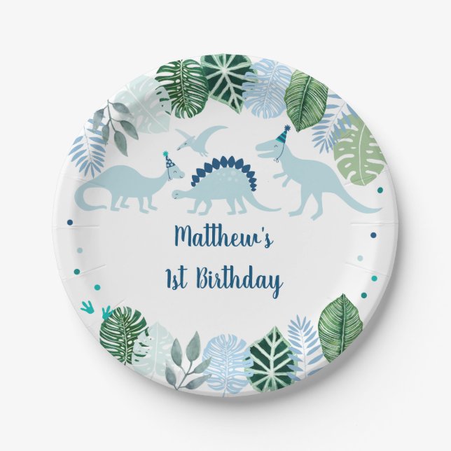 Blue Dinosaur Safari Birthday Paper Plate (Front)