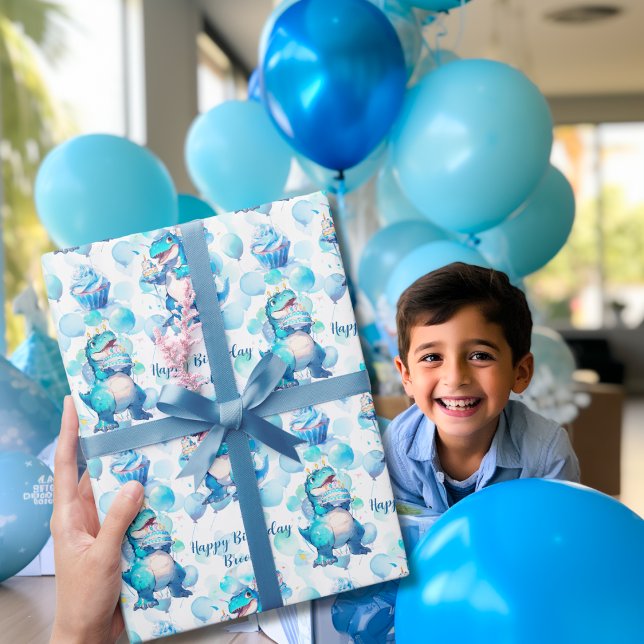 Blue Dinosaur T-Rex Kids Boy Birthday Party Cute  Wrapping Paper (Let the birthday roar with our Blue Dino T-Rex Wrapping Paper! 🎁🦖 #KidsBirthdayParty)