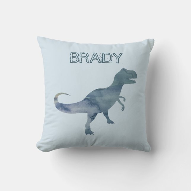 Blue Dinosaur Trex Custom Name Throw Pillow (Front)