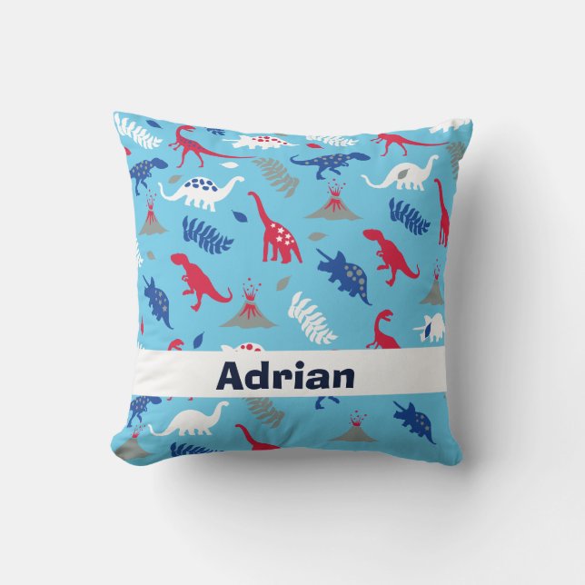 Blue Dinosaur & Volcano Kids Pillow (Front)