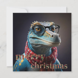 Blue dinosaur wearing a Christmas scarf Holiday Card
