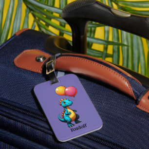 Blue dinosaur with balloons luggage tag