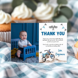 Blue Dirt Bike Boy Birthday Party Photo Thank You Card